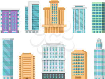 Flat illustrations of various modern skyscrapers and other business buildings. Skyscraper urban building, apartment architecture hotel. Vector illustration
