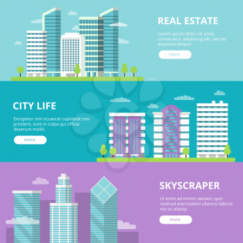 Horizontal banners with modern business buildings. Poster with building city, construction skyscraper illustration