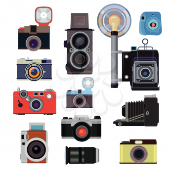 Retro old cameras and symbols for photographers. Vector flat pictures. Illlustration of photographer digital equipment, photo focus
