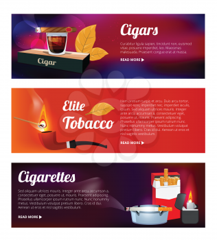 Horizontal banners with illustrations of hookah, cigarettes and various tools for smokers. Vector smoke addiction nicotine, habit cigar smoking