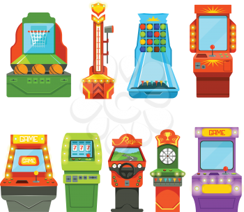 Game machines. Vector pictures in cartoon style. Illustration of game play machine screen, automatic video game