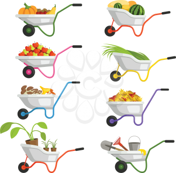 Set of wheelbarrows with different fruits and vegetables. Farm garden apple, vector farming harvest illustration