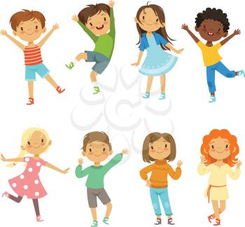 Childrens playing. Vector funny characters isolate on white. Illustration of character boy and girl, funny and happy