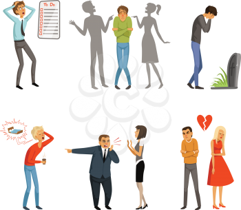 Different peoples male and female in panic scenes. Character stress woman, man, emotion shock and anxiety. Vector illustration