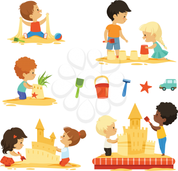 Active kids playing in the sandbox. Happy characters isolate. Vector activity little baby on sand beach illustration
