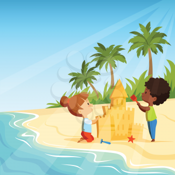 Summer beach and funny happy kids playing with sand castles. Sandcastle building, activity game vector illustration