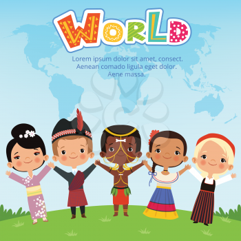 Worldwide kids of different nationalities standing on the earth. Concept vector illustrations. World globe earth with happy children