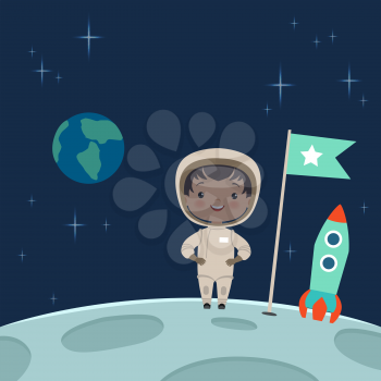 Kid astronaut standing on the moon. Space background illustration. Cosmonaut or astronaut child on planet vector