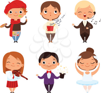 Cartoon illustrations of various creative kids. Different professions. Child artist, ballerina singer and magician vector