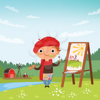 Creative childrens. Little artist making pictures in the open air. Child painter with brush and palette, vector illustration