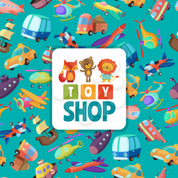Seamless pattern with illustrations of different toys transport, car and ship, helicopter and submarine vector