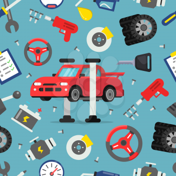 Seamless pattern with pictures of auto spare parts. Background automobile repair, gear and detail for car, vector illustration