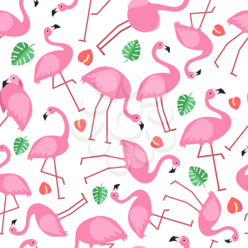 Seamless pattern with pictures of pink flamingo and tropical flowers. Tropical bird exotic, artwork background. Vector illustration