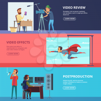 Banners set with illustrations of movie production. Video effect and review, filmmaking studio illustration