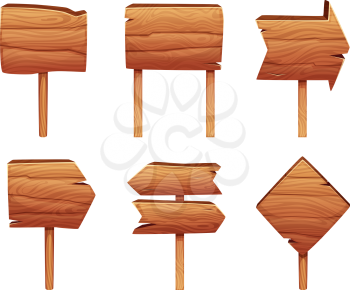 Wooden direction signs isolate on white background. Wood board, signboard empty, plank signpost. Vector illustration