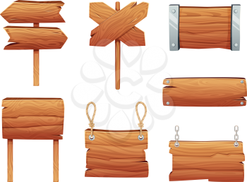 Wooden banners and various signboards. Wood board collection, billboard panel, vector illustration