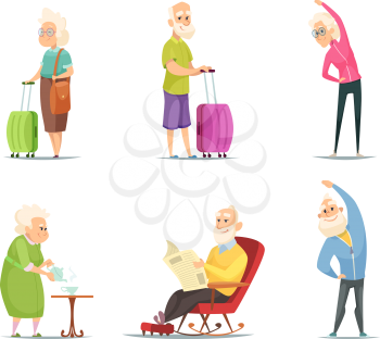 Elderly couples in various action poses. Grandmother and grandfather, elderly retirement senior, vector illustration