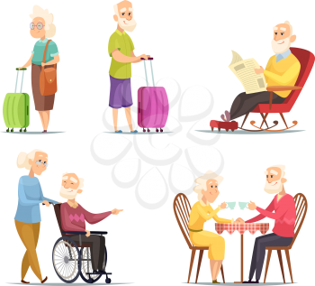 Vector characters set of elderly peoples. Funny characters isolate on white background. People woman and man, grandmother and grandfather illustration