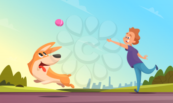 Boy playing with his pet in urban park. Dog catching little ball. Man outdoor happy activity puppy. Vector illustration