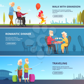 Horizontal banners set with illustrations of elderly couples in various situations. Vector romantic dinner and traveling poster