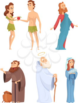 Historical characters of bible. Vector mascots in various poses. Illustration of character bible eve and adam, virgin mary and noah