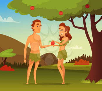 Background picture of Biblical story. Temptation Of Adam. Illustration of first man and woman. Vector male and female in apple garden