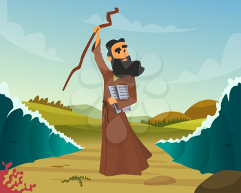 Vector historical illustration of biblical story. Miracle religion, moses and sea wave