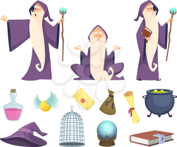 Set of magician tools and male wizard character. Vector pictures isolated on white background. Illustration of wizard magic, mystery character