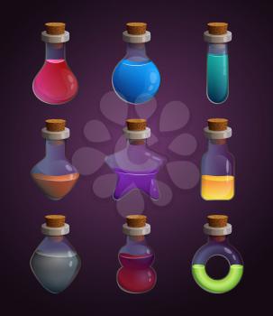 Glass bottles at different shapes with various liquid poison. Tools for game design projects. Alchemy potion bottle, chemistry magic liquid elixir, vector illustration