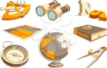 Vector monochrome symbols of exploration and geography. Equipment geography, sextant and compass, teaching technology astronomy illustration