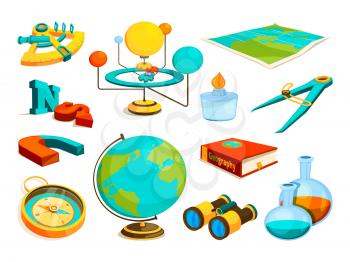 Vector colored pictures of science and geography symbols. Chemistry and research, astronomy and physics, compass and magnet illustration