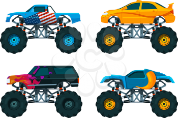 Set big monster truck cars. Vector pictures set of auto monster, large 4x4 transport, off-road automobile illustration