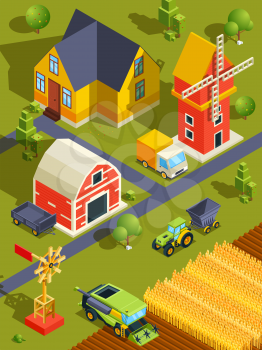 Isometric landscape of village or farm with various buildings and agricultural machines. Farmland countryside ranch with isometric house and machine. Vector illustration