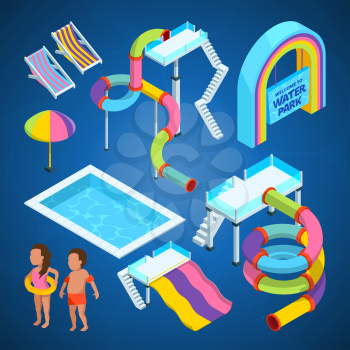 Isometric pictures of water park. Various attractions at swimming pools. Attraction and recreation entertainment aquapark. Vector illustration