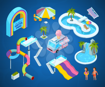 3D pictures of water park attractions. Vector isometric slide and amusement, illustration activity entertainment
