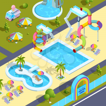Pictures of outdoor attractions in water park. Vector isometric illustrations. Aquapark with waterslide, summertime entertainment