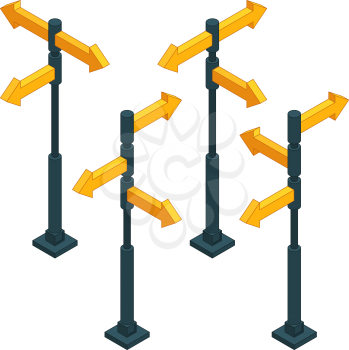 Road signs direction arrows on crossroads. Isometric pictures of sign arrow for road way, guidepost direction, vector illustration