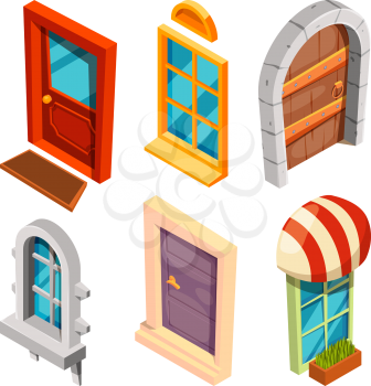 Isometric doors and windows. Vector architecture entrance, modern window and doorway illustration