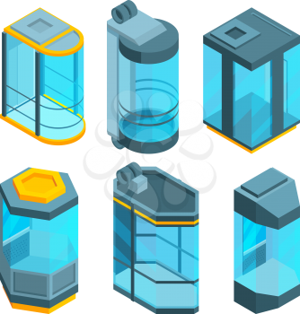 Various glass elevators with steel gates and panels. Isometric vector pictures. Lift elevator for hotel and office architecture illustration