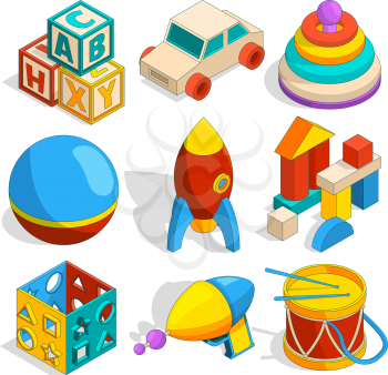 Isometric illustrations of various childrens toys. Car and cube, rocket and pyramid vector