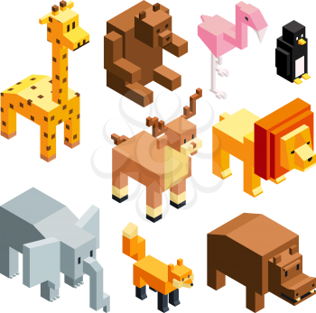3D toy animals. Isometric pictures isolate. Vector giraffe and bear, lion and hippopotamus, illustration of penguin and deer