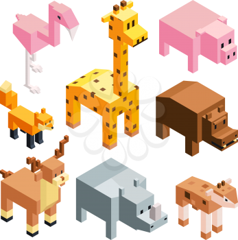 Isometric illustrations of stylized 3d animals. Giraff and, flamingo, pig and hippo, rhinoceros and fox vector