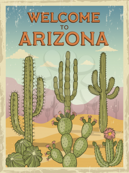 Design template of retro poster welcome to arizona. Illustrations of wild cactuses. Cactus in desert sand, summer scene landscape vector