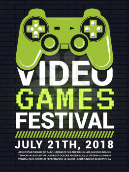 Poster of video game festival. Cyber sport concept with gamepad picture. Vector entertainment gaming, tournament play illustration