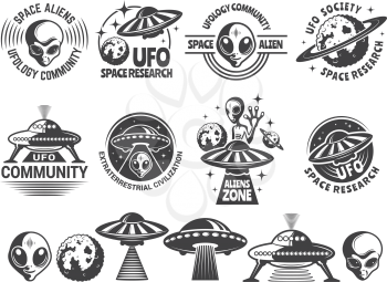 Badges set with ufo and aliens. Vector design templates with place for your text. Ufo explore, civiliztion research, society ufology illustration