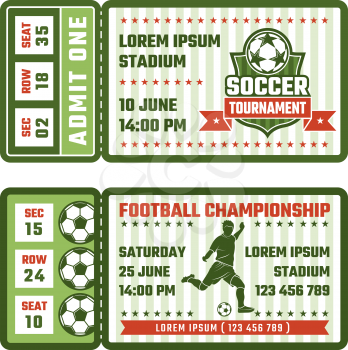 Design template of tickets for football match. Sport soccer with ball ticket to competition, vector illustration