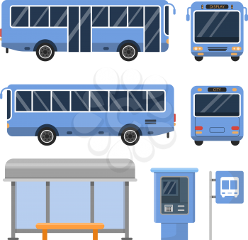 Illustration of bus stop. And various views of buses. Vector transportation urban public