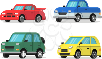 Flat illustrations of cars in orthogonal projection. Vehicle transport, automobile transportation for travel drive vector