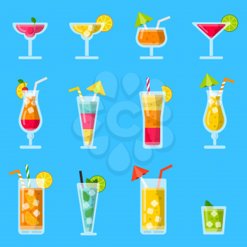 Pina colada, juice, mojito and other various alcoholic summer cocktails. Vector alcohol mojito, juice beverage illustration