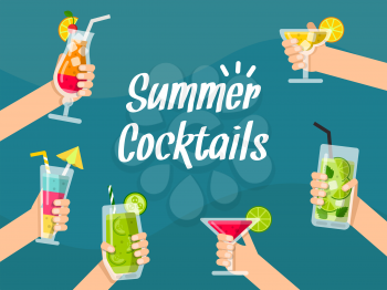 Summer background illustrations with various healthy juice and cocktails in hands. Vector cocktail mojito and juice, beverage alcoholic
